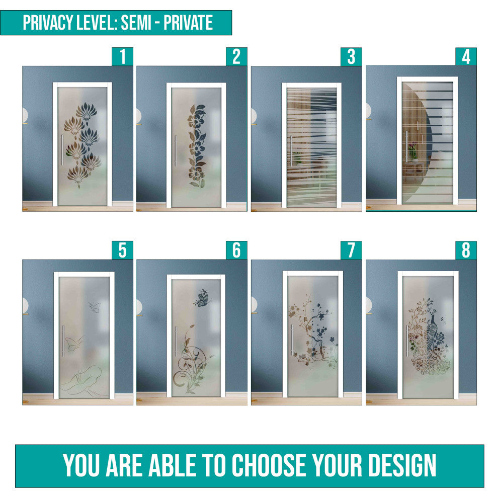 Frameless Pocket Sliding Glass Door, Sandblasted Design, 32"x80" Inches, T-Handle Bar, Semi-Private