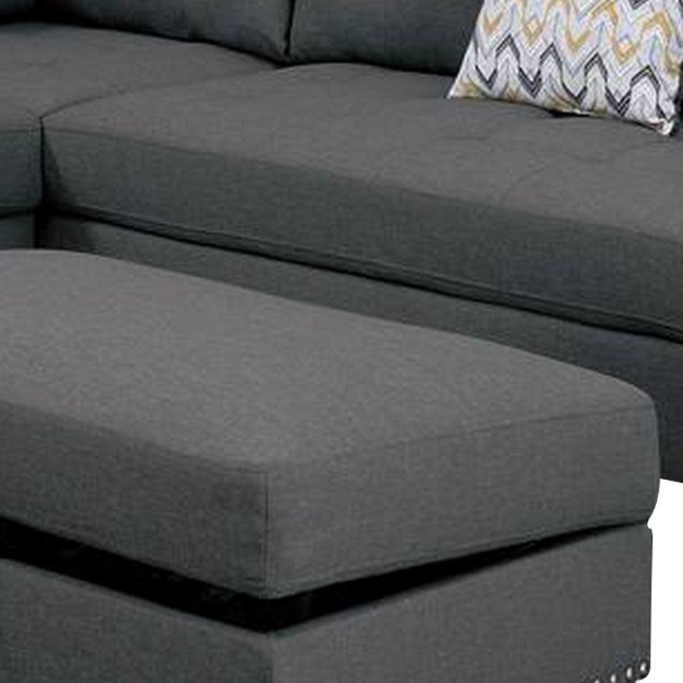 Benzara BM268876 3 Piece Sectional Sofa With Ottoman/Tufted Details, Dark Gray