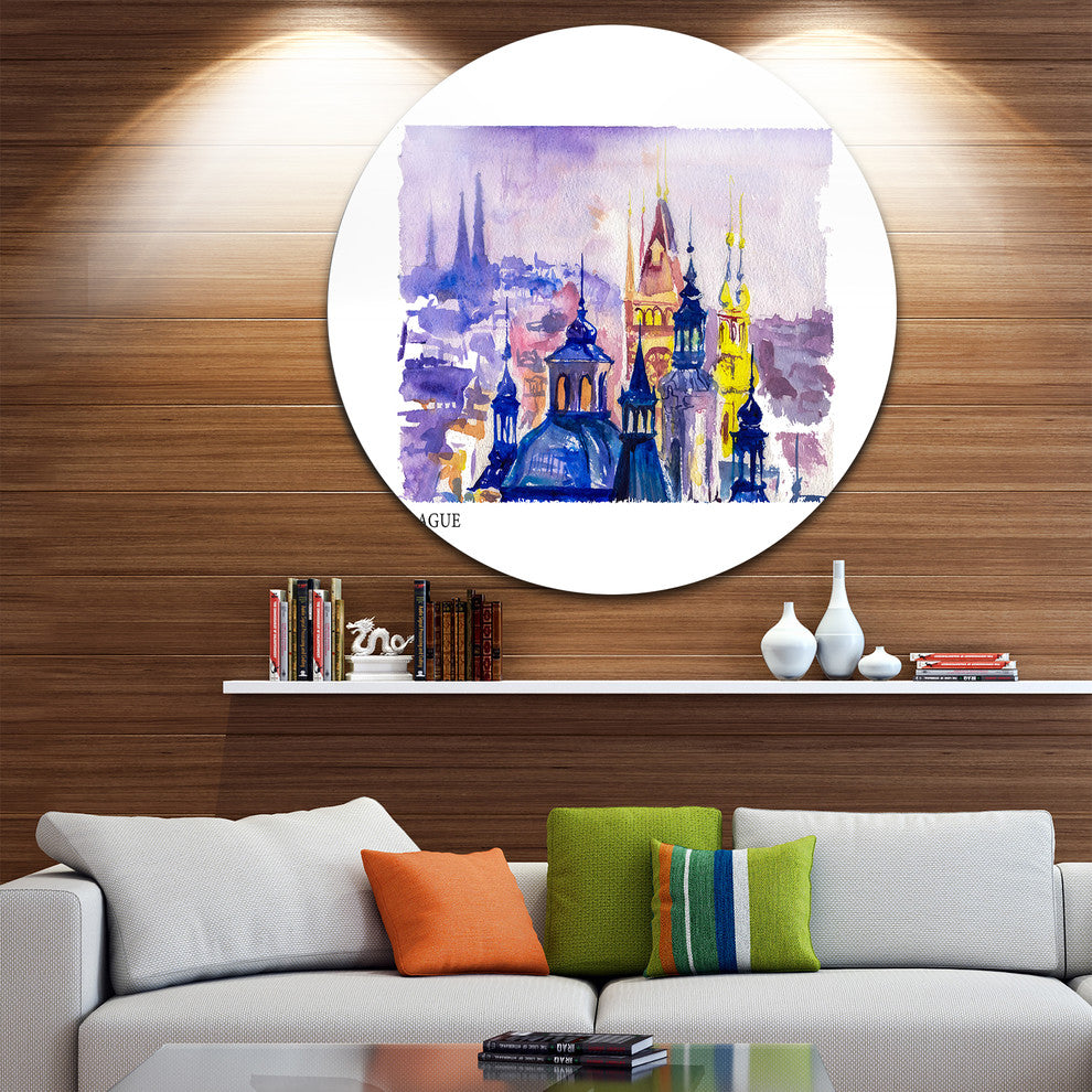 Prague Vector Illustration, Cityscape Painting Disc Metal Wall Art, 36"