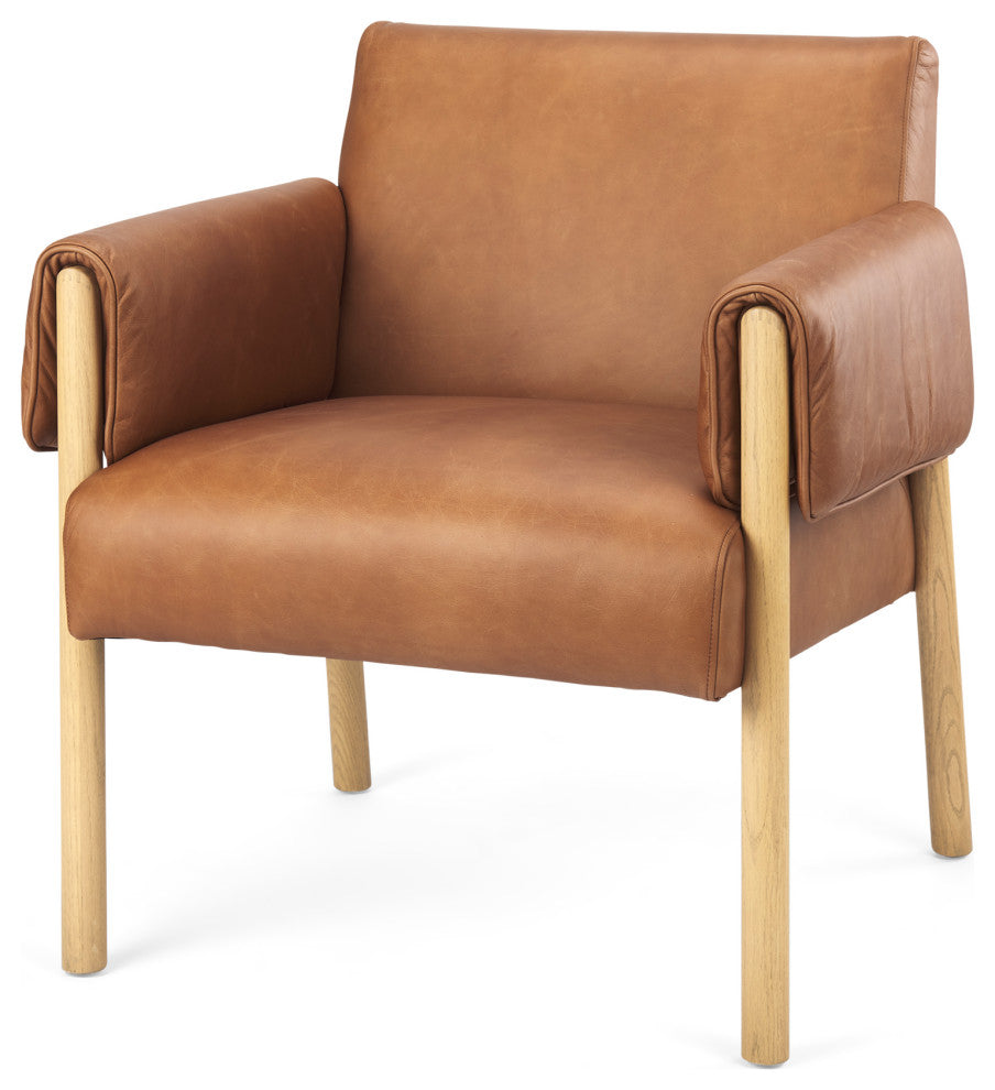 Ashton Medium Brown Genuine Leather w/ Natural Solid Wood Accent Chair