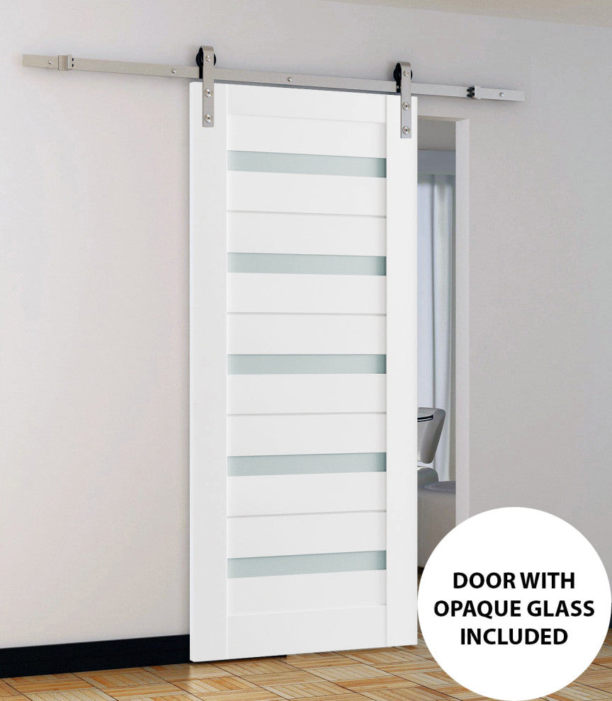 Barn Door 18 x 96 Frosted Glass, Quadro 4445 White, Silver 6.6' Set