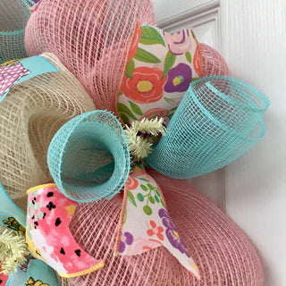 Hello Spring Floral Rain boots Pastel Wreath Handmade Deco Mesh
