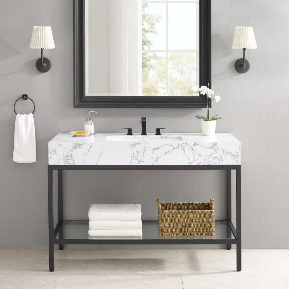Sink Vanity Cabinet, Artificial Marble, Metal, Black White, Modern, Bathroom