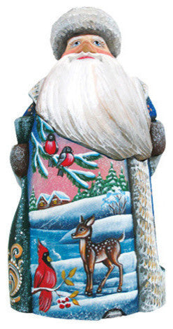 Village Fawn And Bird Santa, Woodcarved Figurine
