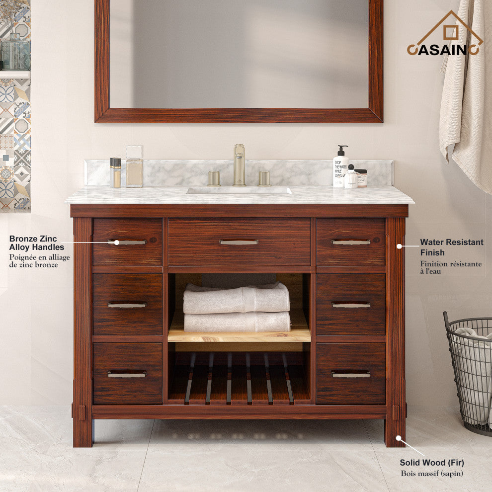 Freestanding Bath Vanity in Brown with White Carrara Marble Top, 48in