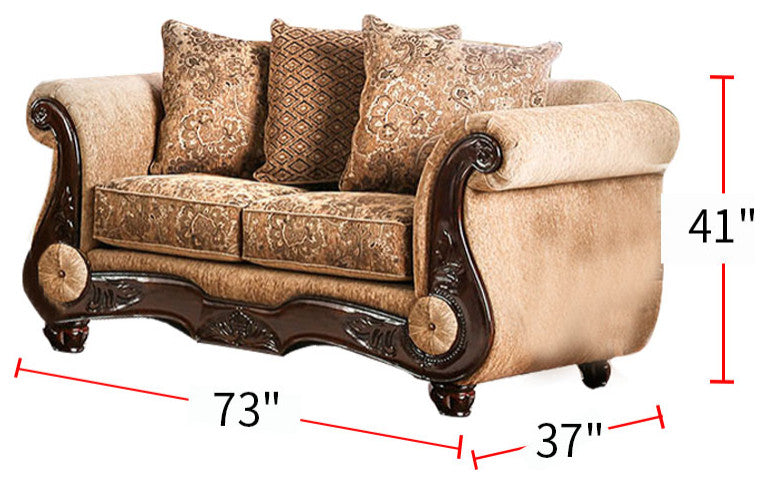 Chenille Love Seat with Rolled Arms Design, Gold