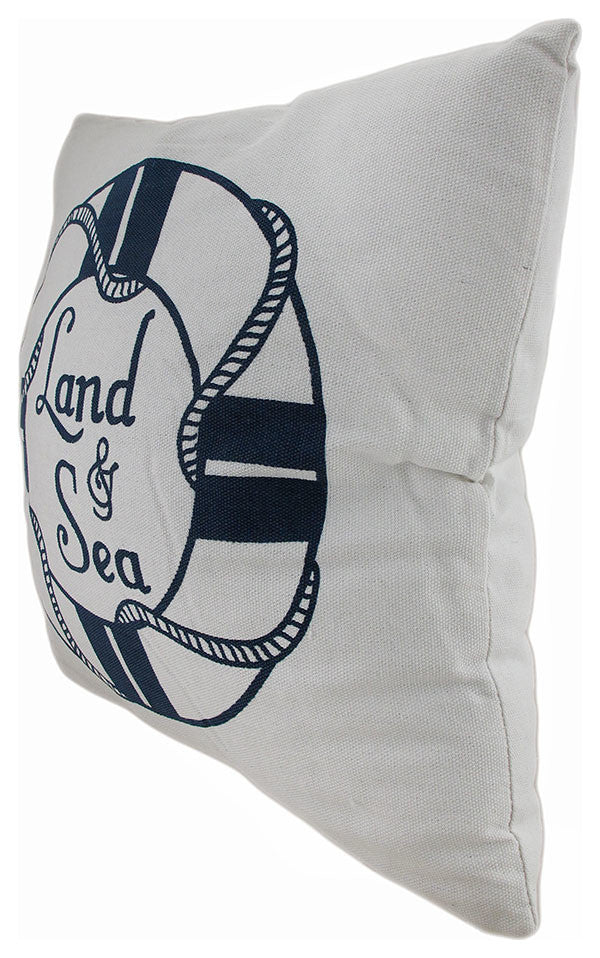 Land and Sea White and Blue Life Preserver Decorative Throw Pillow 16in.