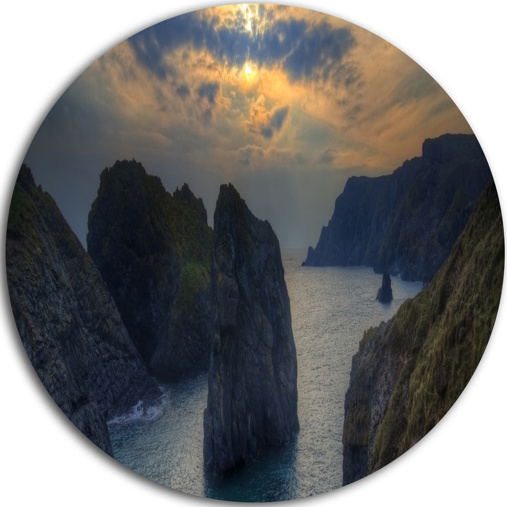 Dark Rocky Panorama Coastline, Seashore Disc Metal Wall Art, 23"