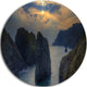 Dark Rocky Panorama Coastline, Seashore Disc Metal Wall Art, 23"