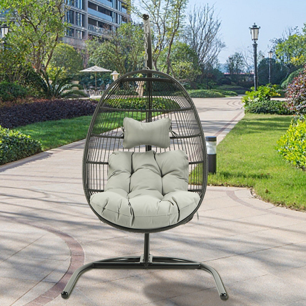 Outdoor Patio Swing Chair Egg Hanging With Cushion and Pillow, Black Beige