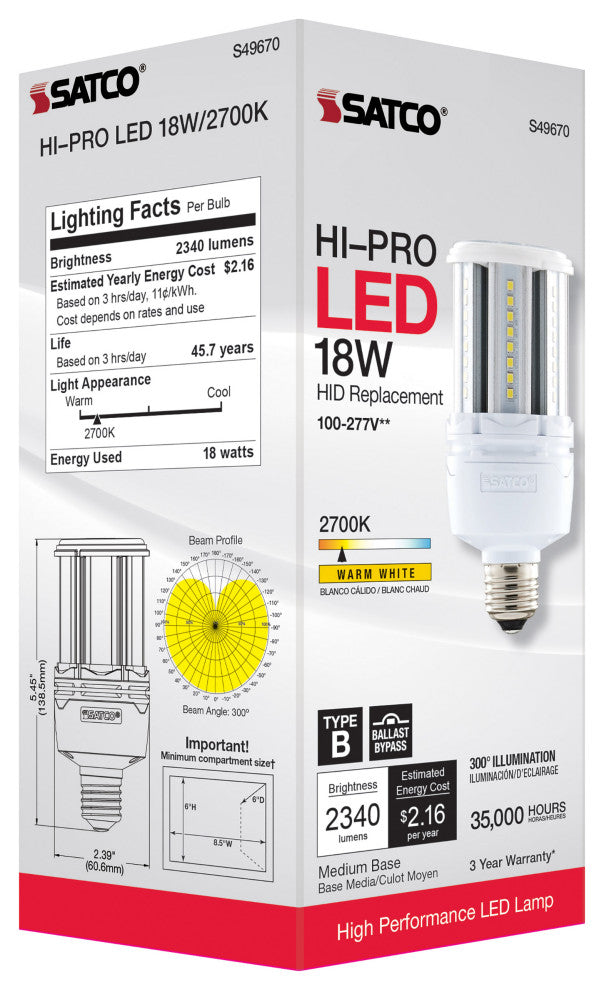 18W LED HID Replacement, 80 CRI, 2700K, Type B, Ballast Bypass, Medium Base