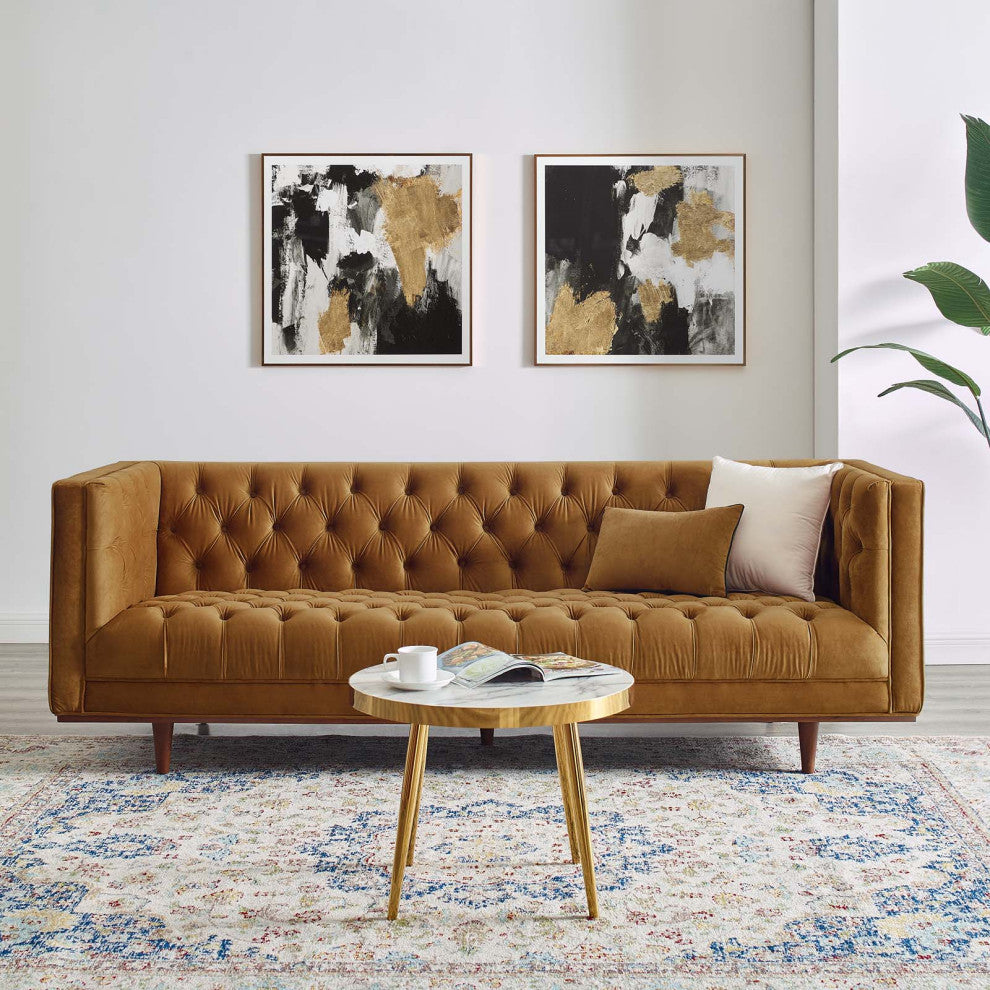 Tufted Sofa, Velvet, Brown, Modern, Living Lounge Room Hotel Lobby Hospitality