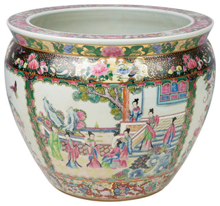 Oriental Rose Medallion Porcelain Bowl Planter 14" Diameter