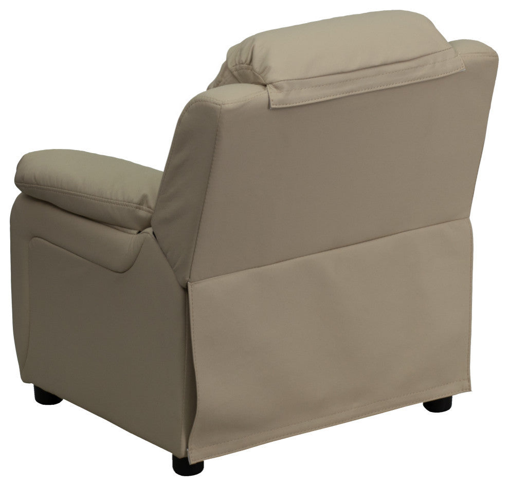 Deluxe Padded Contemporary Beige Vinyl Kids Recliner With Storage Arms
