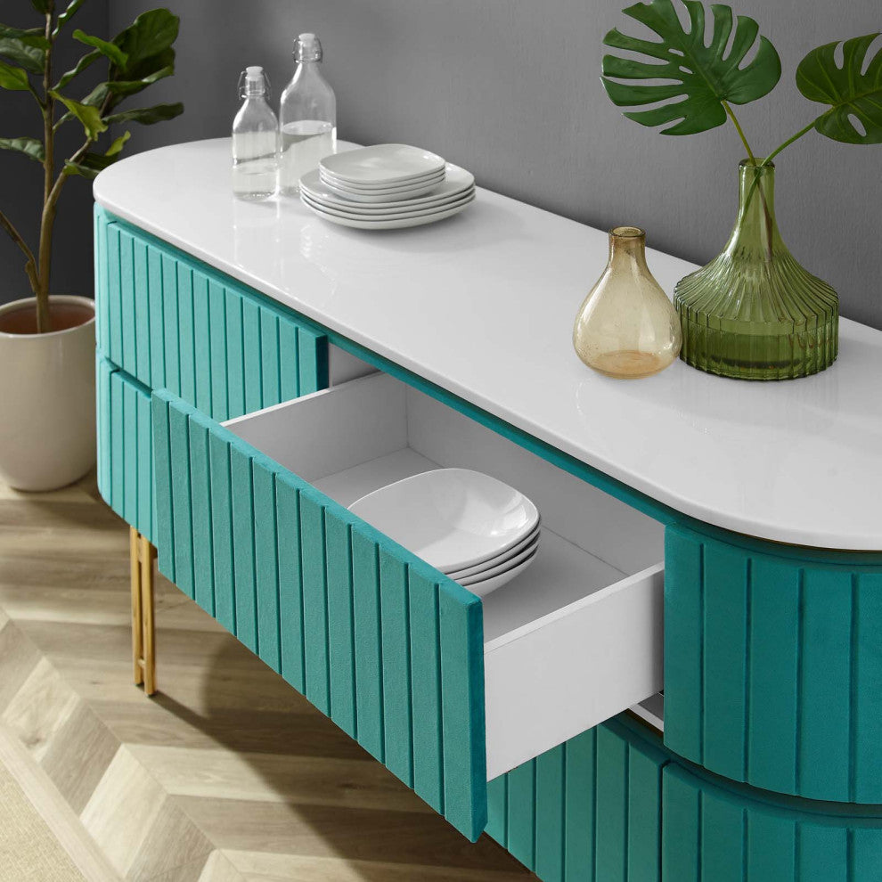 Console Entry Table Sideboard, White Teal Blue, Velvet, Modern Lounge Cafe