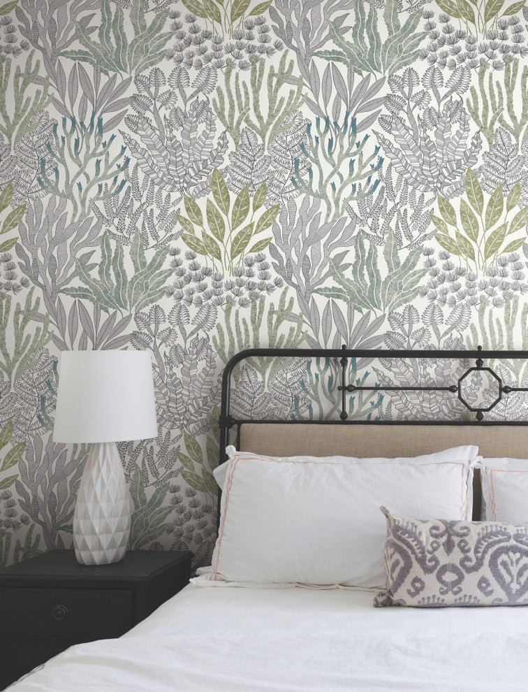 Coral Leaves Blue and Green Wallpaper
