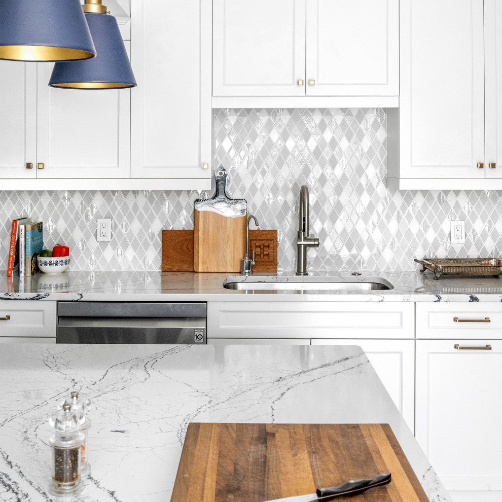 Elegant Glass and Marble Rhomboid Design Mosaic Backsplash Tile, Sample