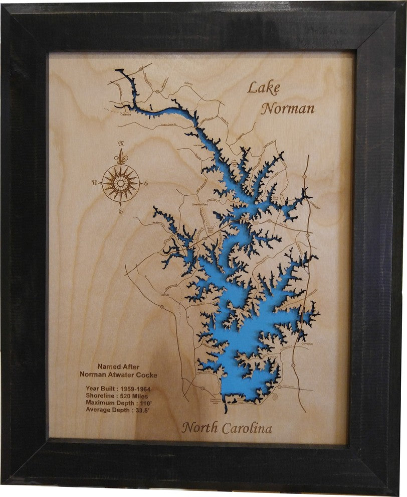 Lake Norman, North Carolina-Wood Lake Map, Small Framed