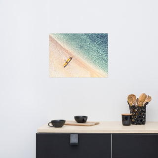 Yellow Canoe & Blue Sea with Soft Violet Effect Landscape Photo Loose Art Print, 18" X 24"