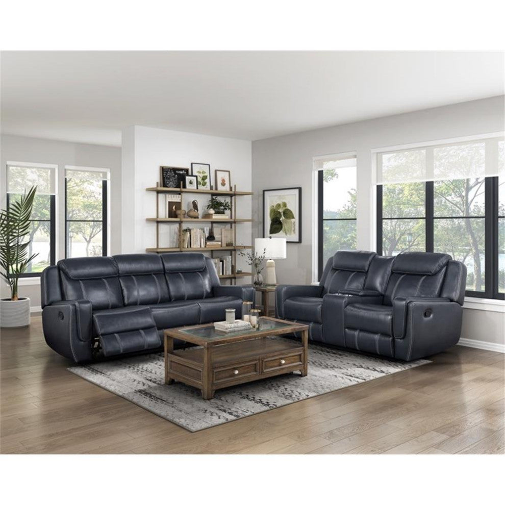 Pemberly Row Upholstered Faux Leather Double Reclining Loveseat in Blue