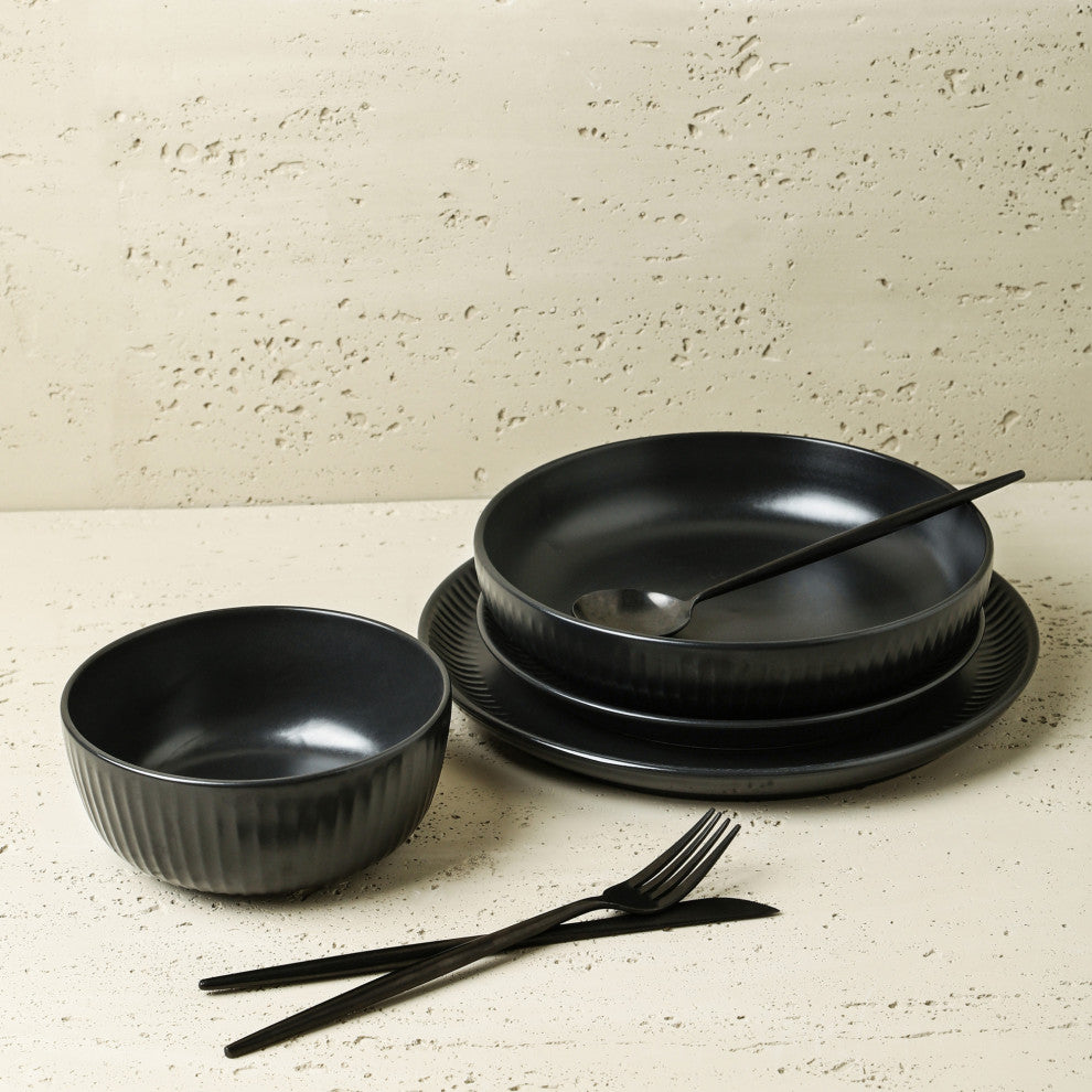 Stone Lain Logan Stoneware 16 Piece Dinnerware Set With Pasta Bowls, Black