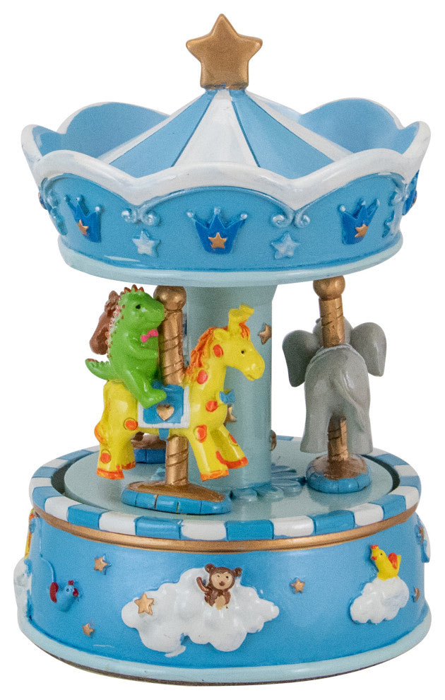 6.5" Children''s Blue Rotating Sleepy Time Animal Friends Carousel Music Box