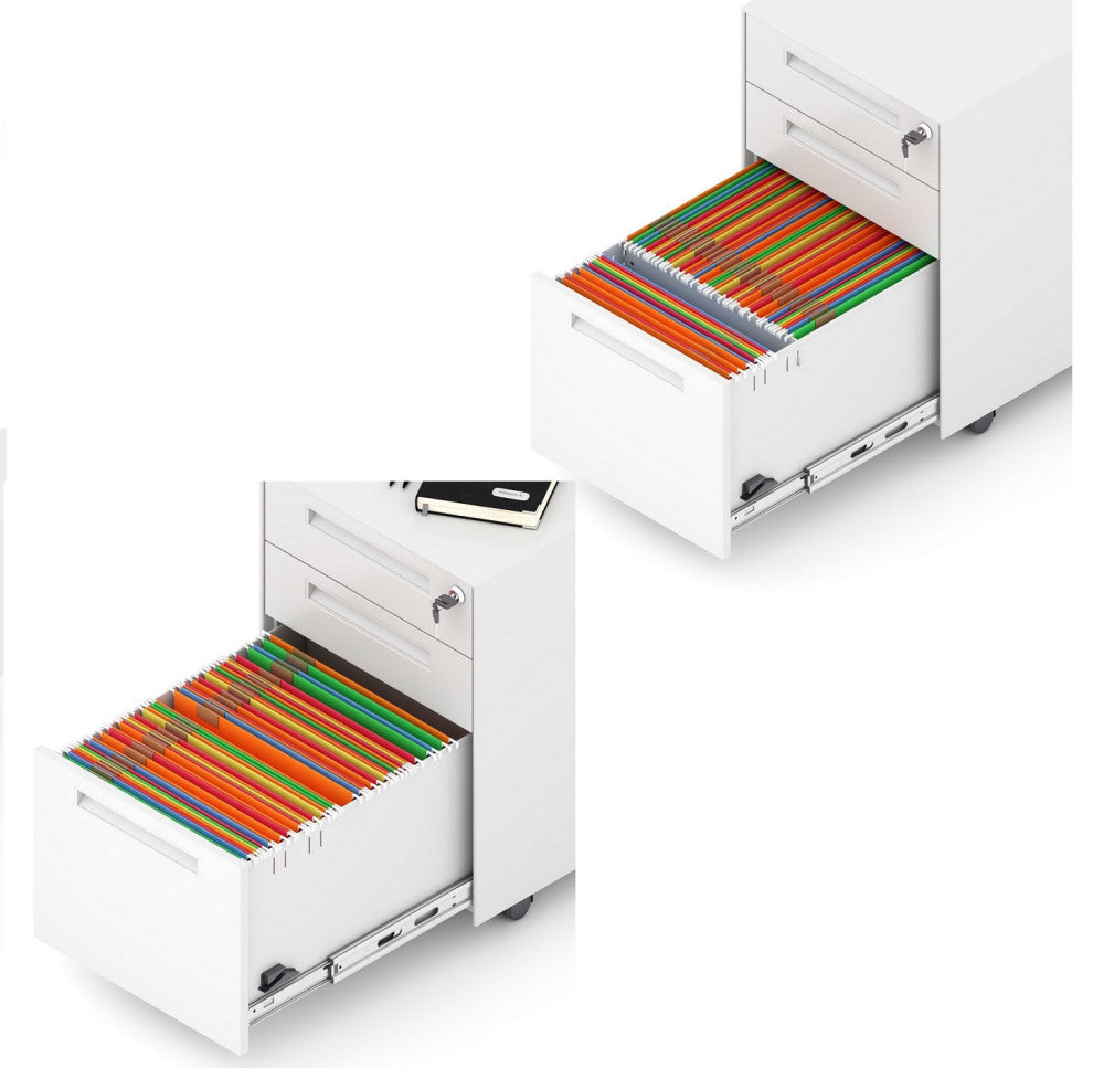 Fully Assembled 3 Drawer Metal Mobile Vertical Locking File Cabinet White
