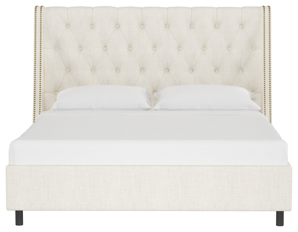 Williams California King Nail Button Diamond Wingback Platform Bed, Linen Talc
