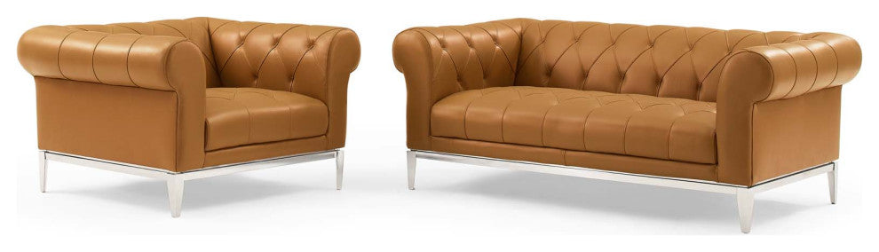 Tufted Armchair and Loveseat Sofa Set, Leather, Tan, Modern, Lounge Hospitality