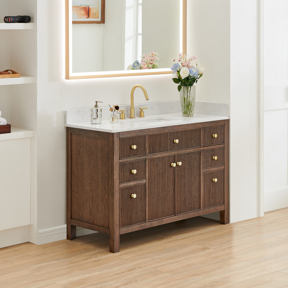 Cerrito Bathroom Vanity, Brown Brushed Oak, 48" Single, Without Mirror
