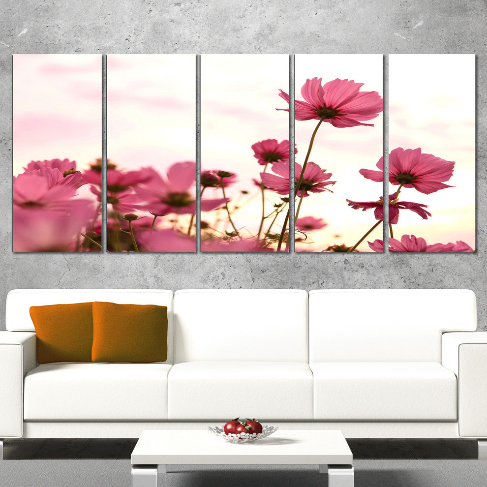 Cosmos Flowers Meadow At Sunset, Floral Canvas Art Print, 60"x28", 5 Panels