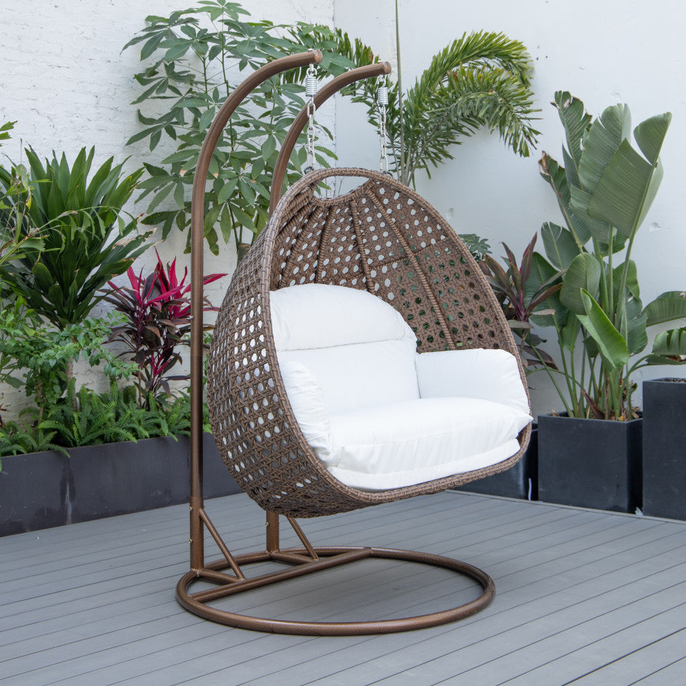 LeisureMod Mendoza Dark Brown Wicker Hanging Double Egg Swing Chair, White