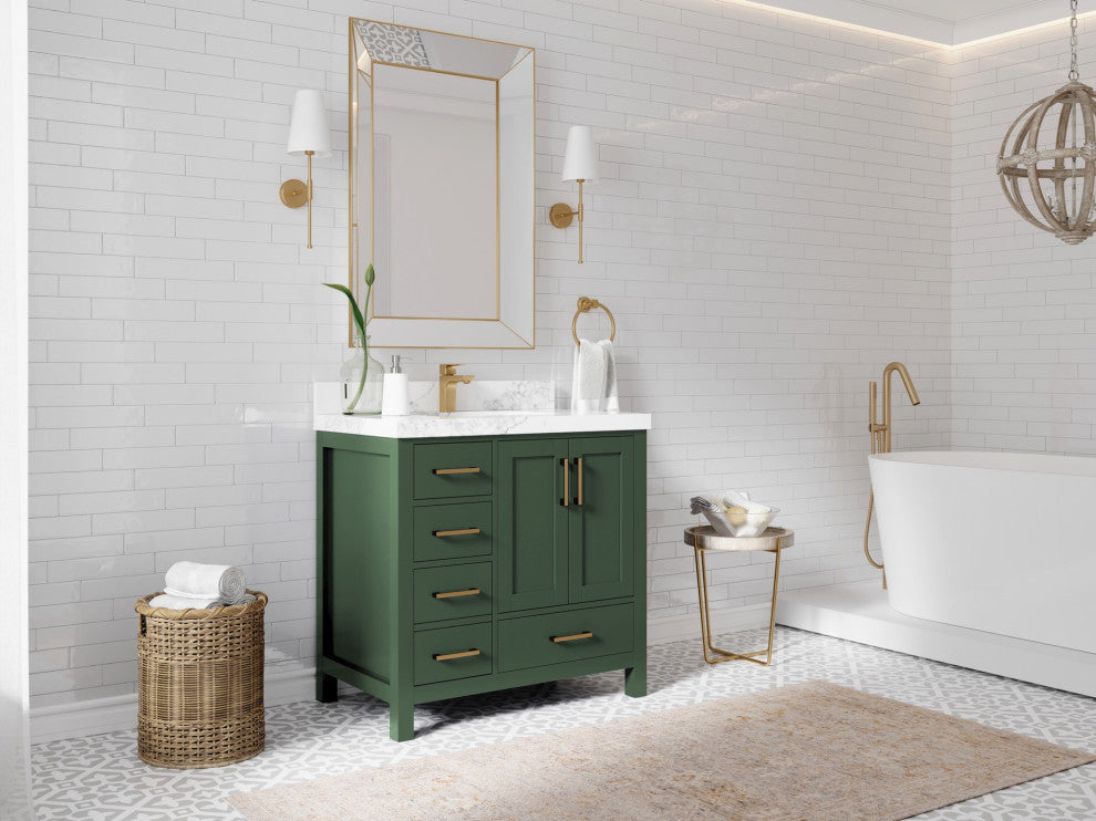 Malibu 36 Center Sink Bath Vanity in Lafayette Green 2" Calacatta Sienna