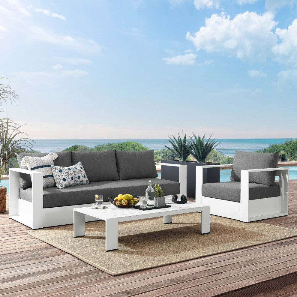 Sectional Sofa Table Set, White Gray, Aluminum, Modern, Outdoor Patio