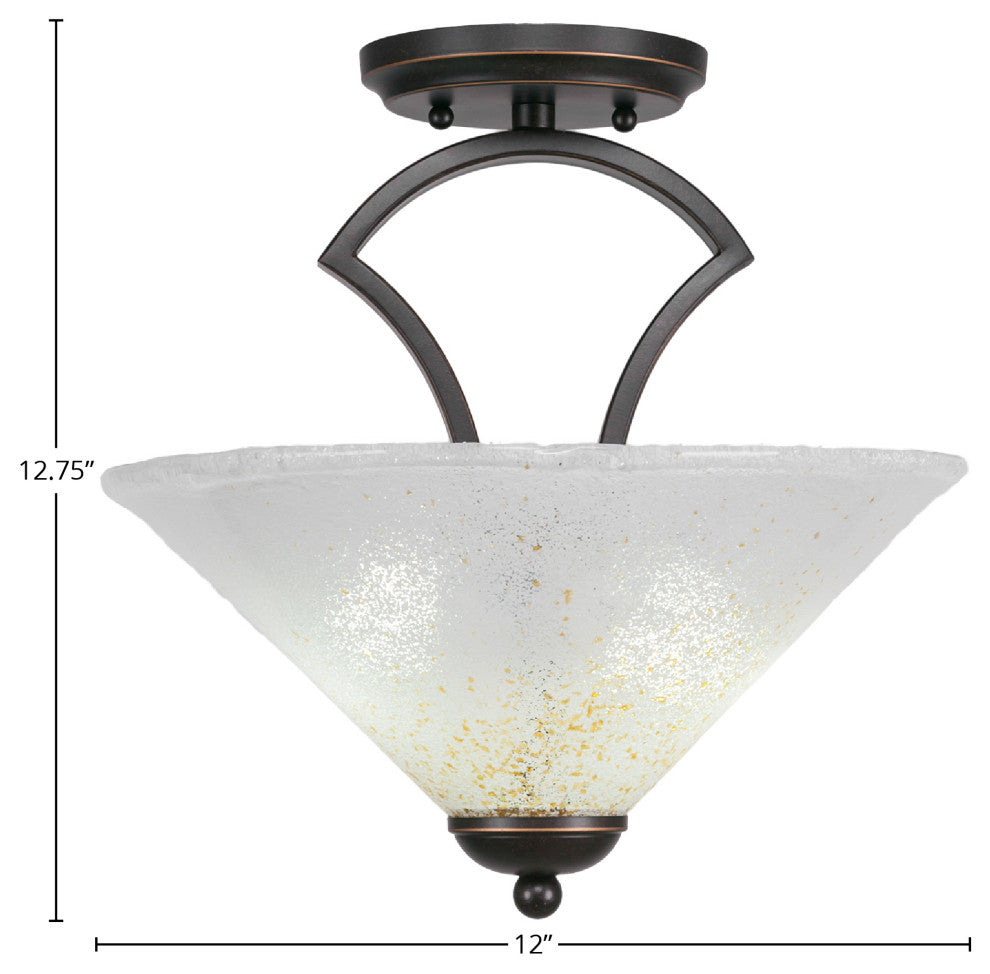 Zilo Semi Flush With 2 Bulbs, Dark Granite Finish With 12" Gold Ice Glass