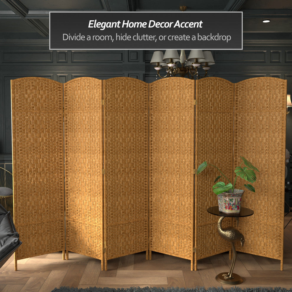 6' Tall Diamond Weave Fiber Room Divider, Light Beige, 6 Panel