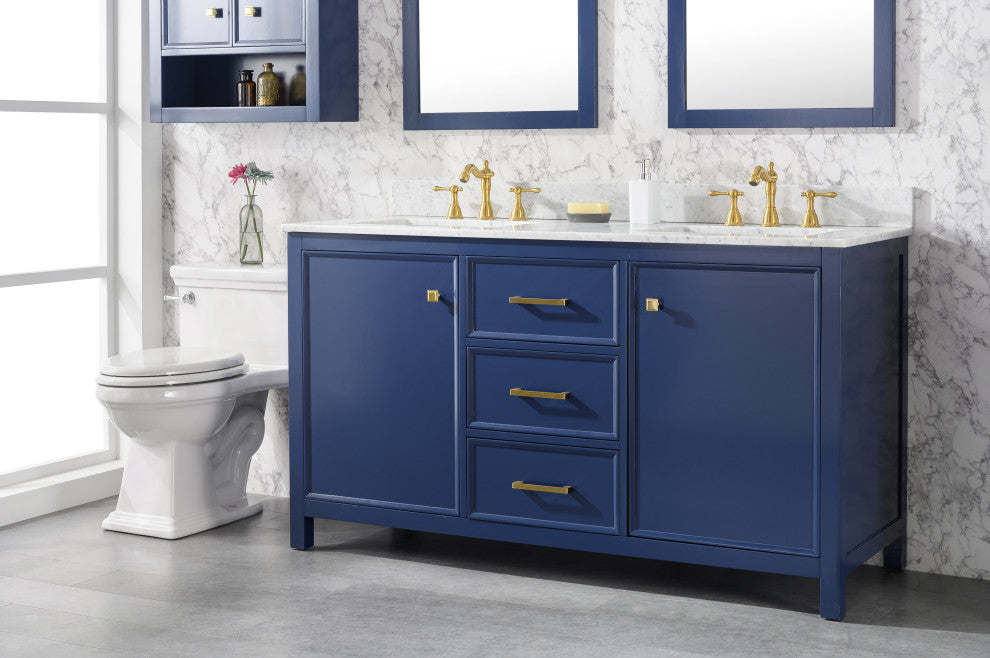 60" Double Sink Vanity Cabinet, Carrara White Top, Blue