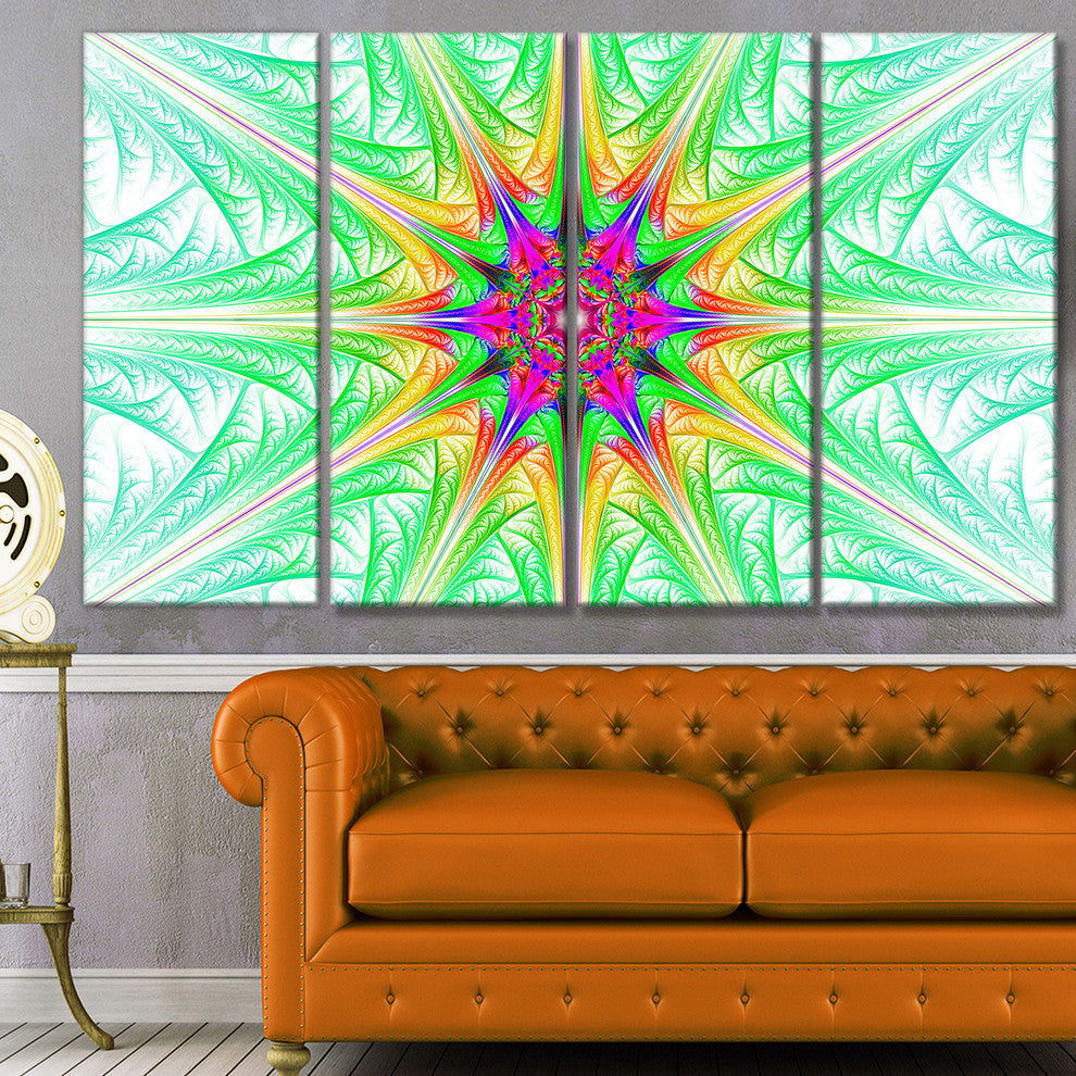 Green Fractal Stained Glass, Abstract Wall Art Canvas, 48"x28", 4 Panels