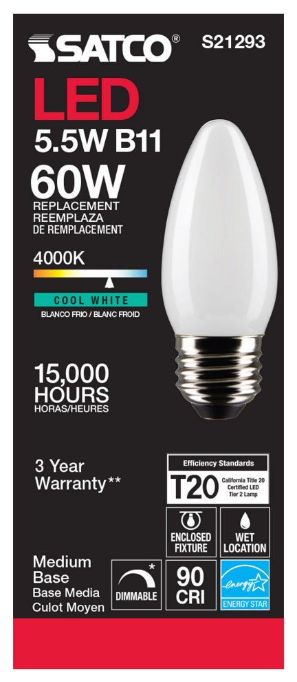 5.5W B11 LED, Frost, Medium Base, 90 CRI, 4000K, 120V