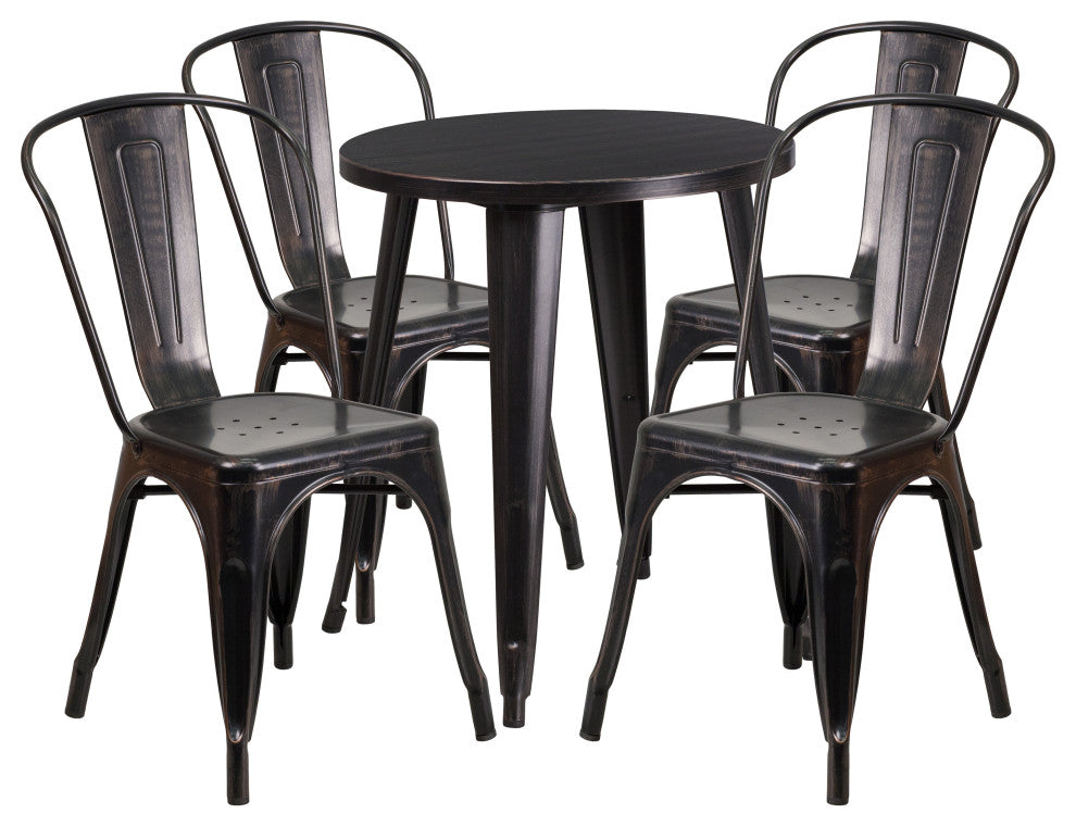 24" Round Black-Antique Gold Metal 5-Piece Table Set With 4 Cafe Chairs