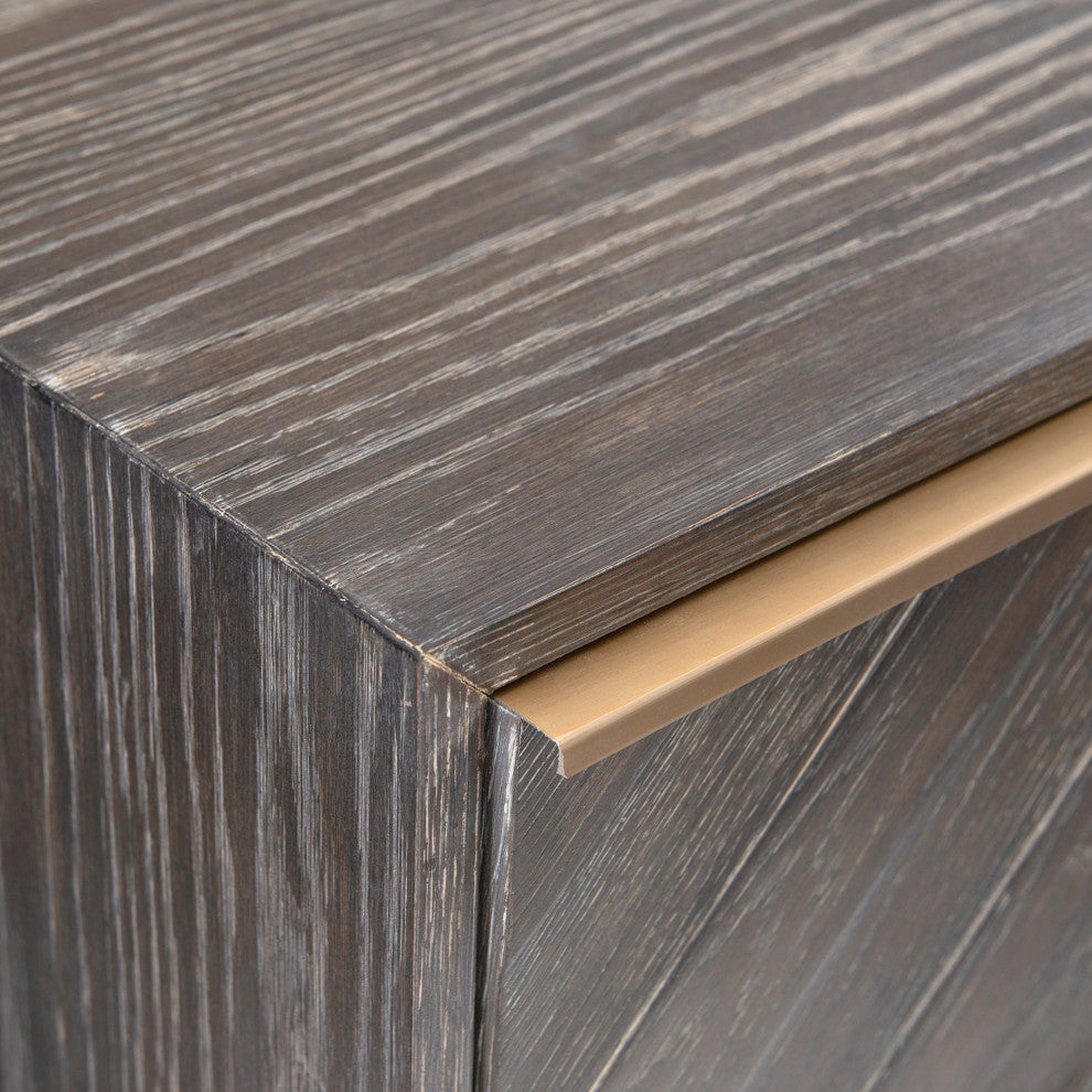 Close-up detail of wood texture and drawer edge on white background.