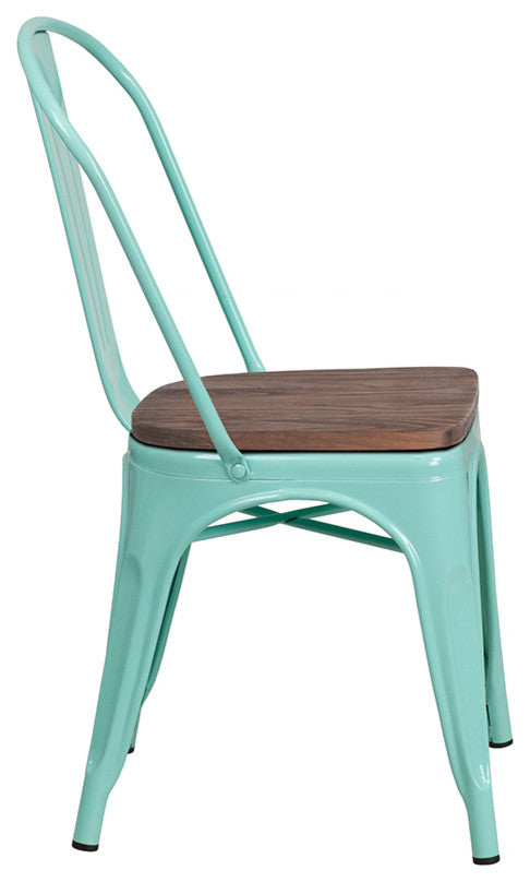 Mint Green Metal Stackable Chair With Wood Seat