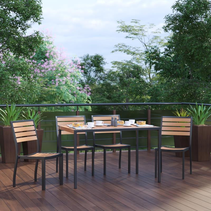 Lark 5 Pc Patio Table Set -30"x48" Table with 4 Stackable Faux Teak Chairs