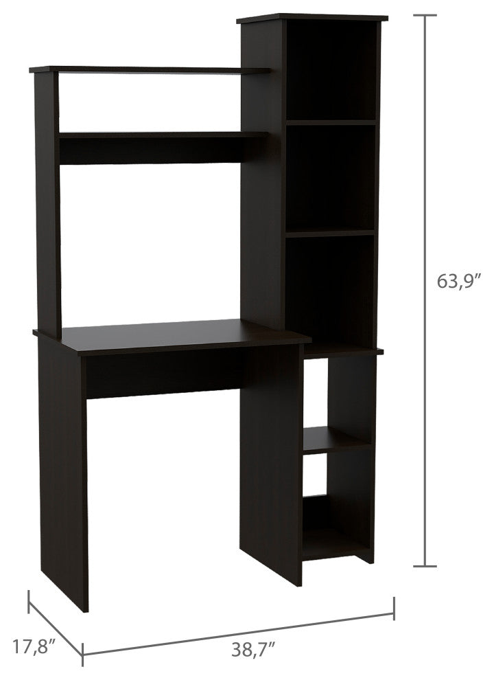 TATEUS 6-Shelf Home Office Writing Desk with Built-in Bookcase, Black