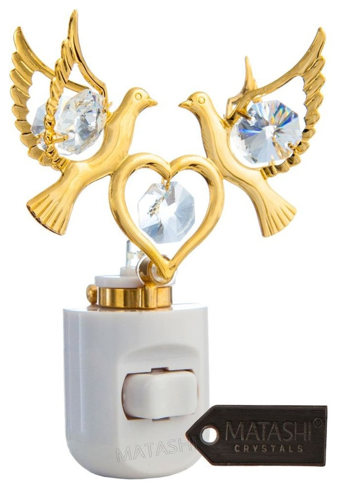 24K Gold Plated Crystal Studded Love Doves Night Light With white LED Bulb