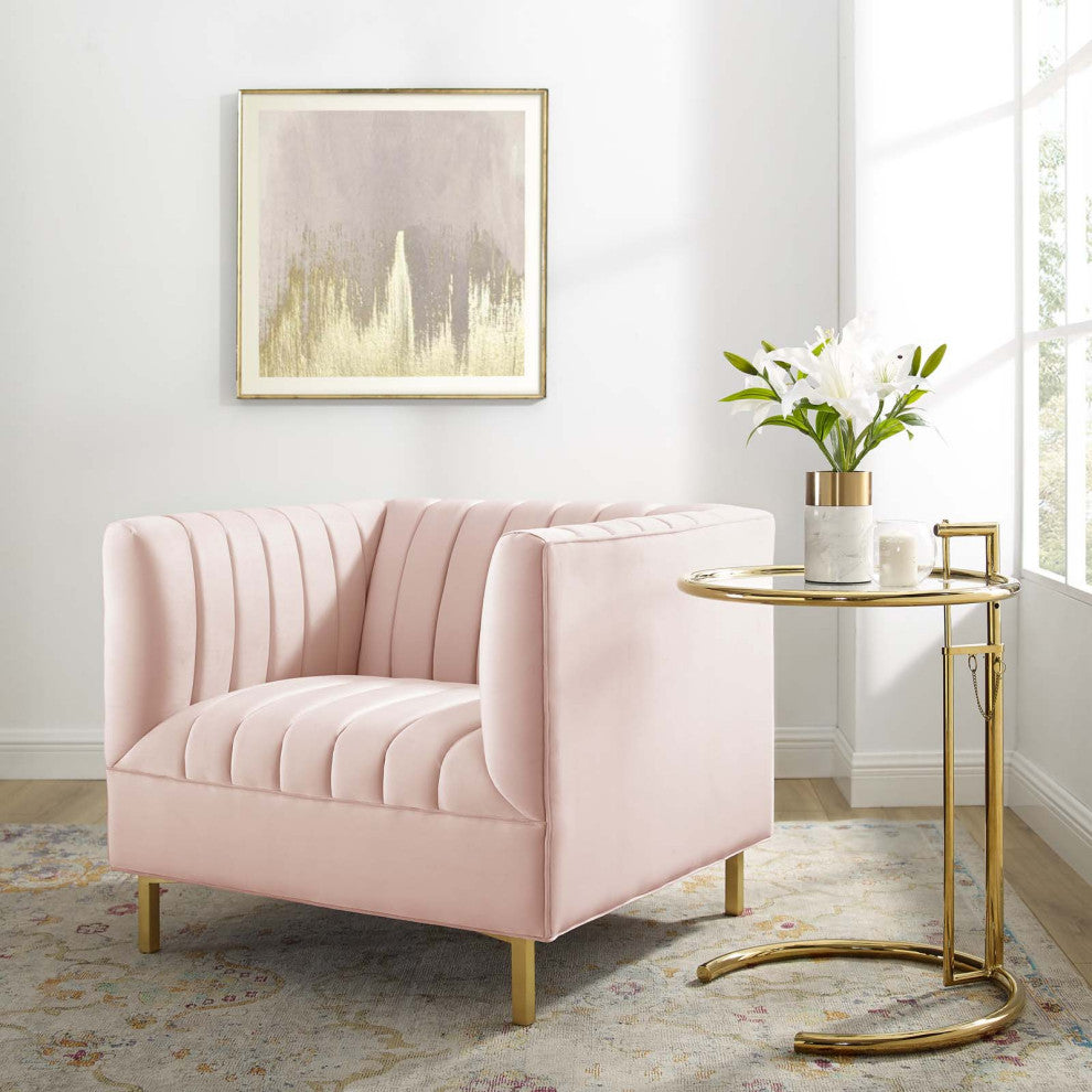 Tufted Armchair Accent Chair, Velvet, Pink, Modern, Living Lounge Hospitality