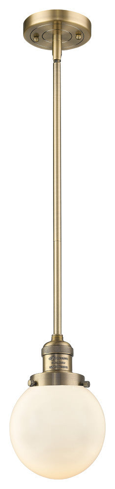 1-Light Beacon 6" Mini Pendant, Brushed Brass, Glass: Matte White Cased