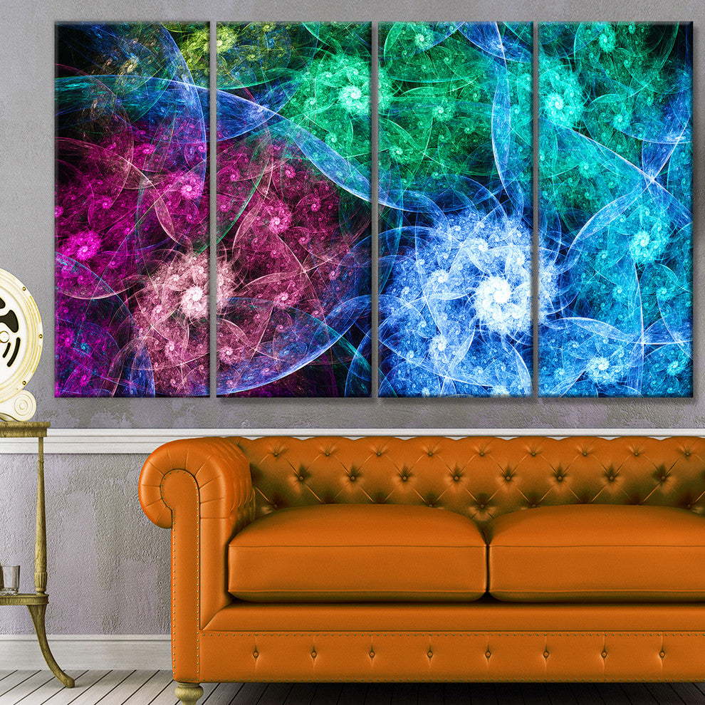 Multi Color Bright Exotic Flowers, Abstract Wall Art Canvas, 48"x28", 4 Panels