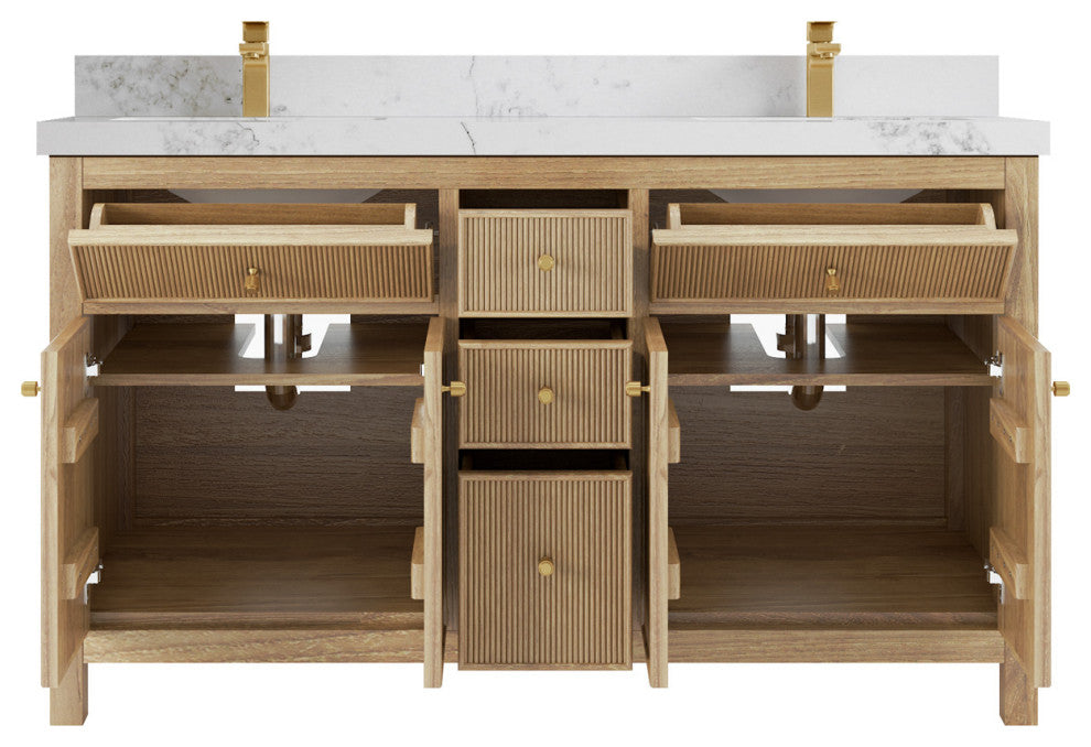Sonoma 60 Double Bathroom Vanity in Light Natural Teak with 2" Calacatta Nuvo