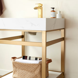 Funes Bath Vanity without Mirror, Brushed Gold Hardware, 24'', White Stone Top